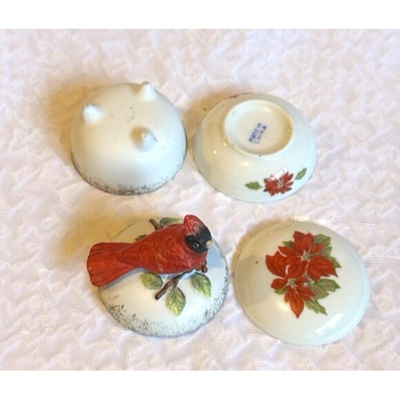 Cardinal red bird figure and poinsettia jewelry box bowls small cute knick knack - Picture 6 of 16